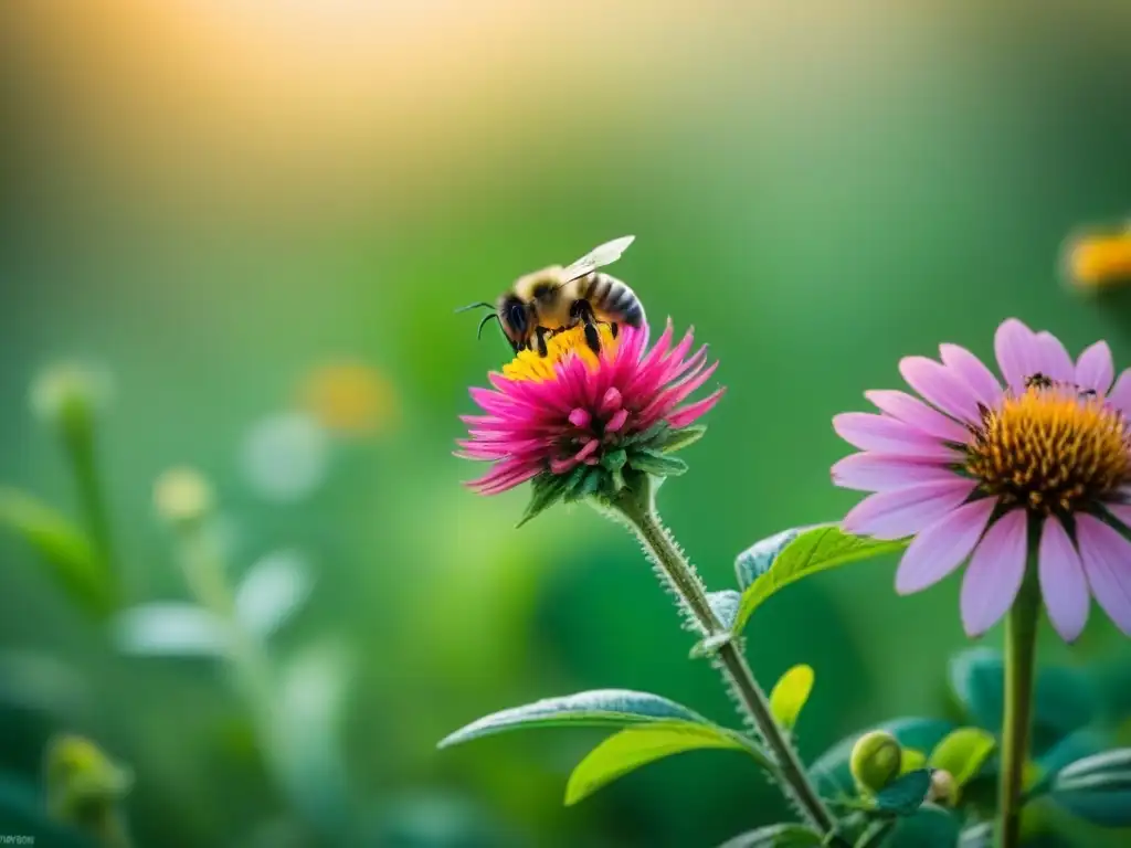 Un jardín vibrante lleno de flores coloridas y abejas ocupadas polinizando, conectando residuo cero cocina y protección de polinizadores