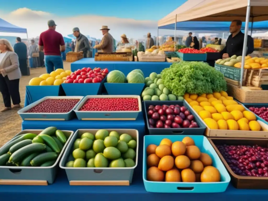 Un vibrante mercado de agricultores con compras sostenibles bajo el cielo azul