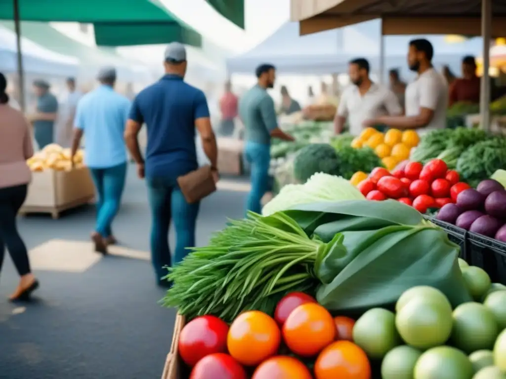 Un vibrante mercado de agricultores local en un día soleado, resaltando la comunidad y la sostenibilidad