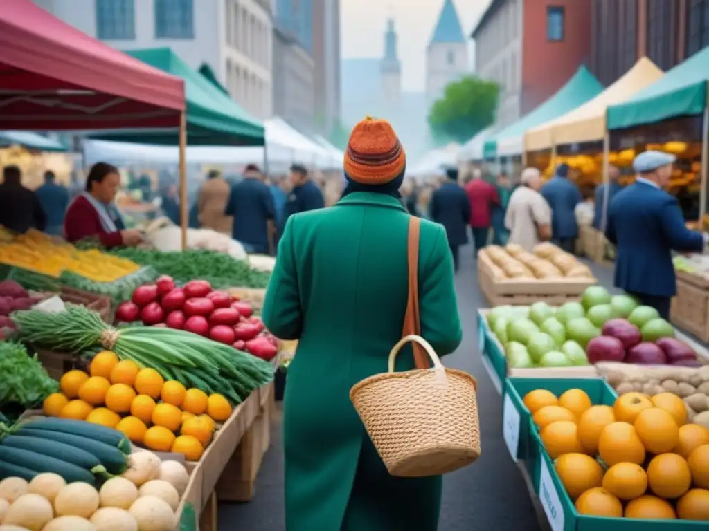 Un vibrante mercado de agricultores con productos frescos y coloridos, donde la comunidad intercambia bienes