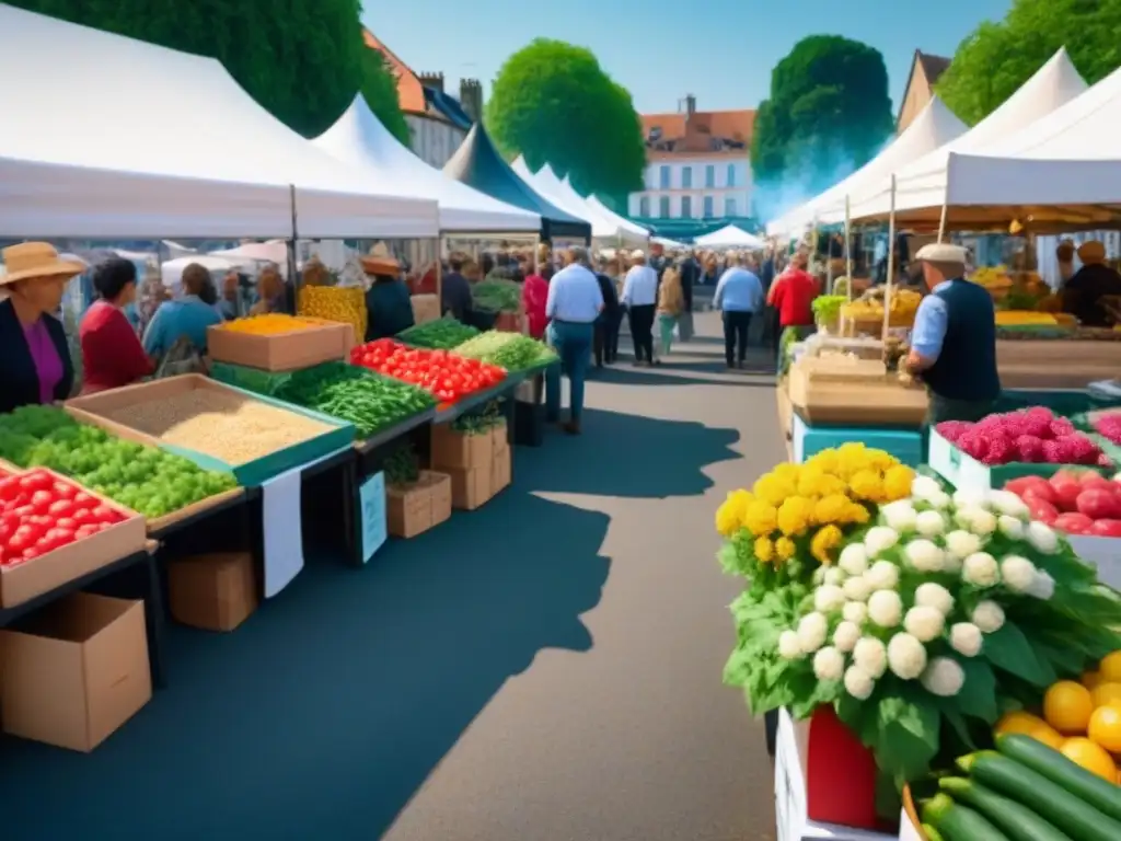 Un vibrante mercado de agricultores con puestos de productos frescos, flores coloridas y gente diversa interactuando en un ambiente comunitario