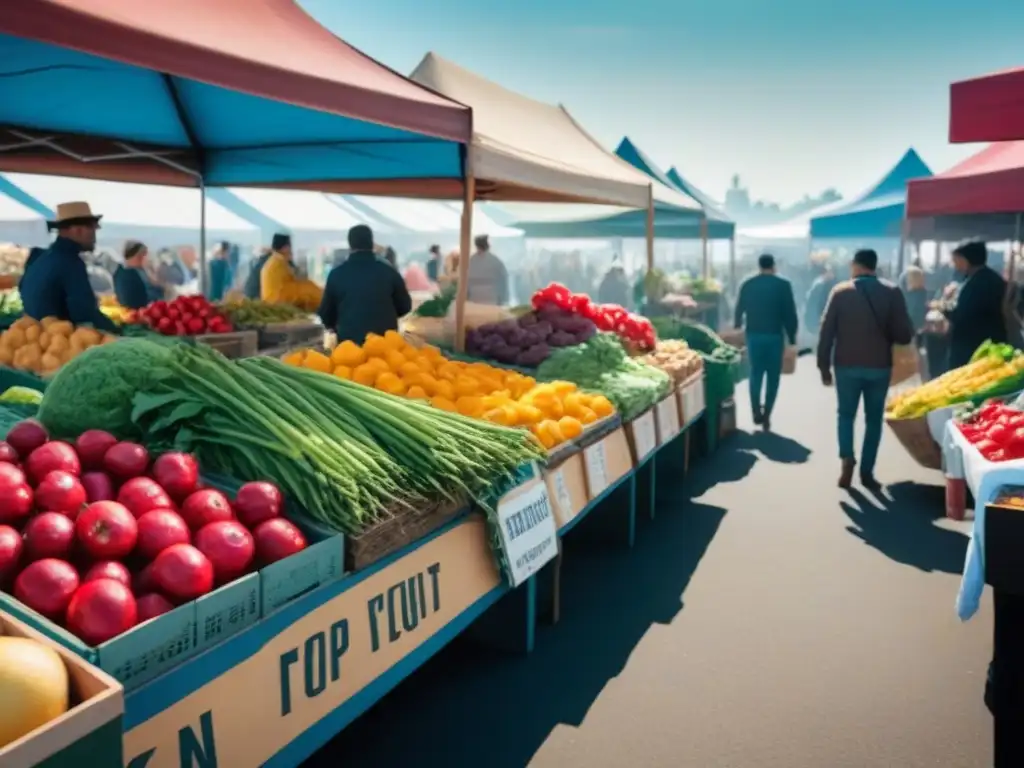 Un vibrante mercado de agricultores sostenibles, lleno de coloridas paradas con productos frescos y vendedores locales