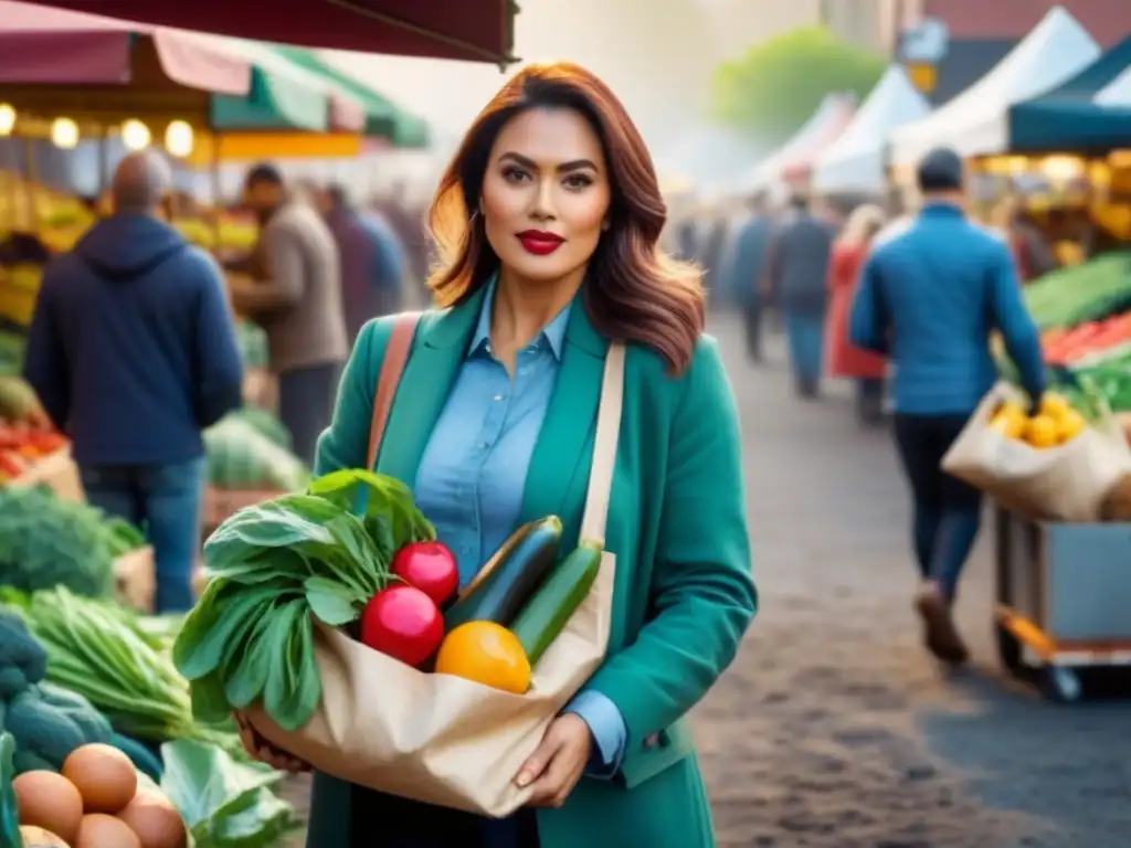 Un vibrante mercado con diversidad de personas sostenibles llevando bolsas de productos frescos