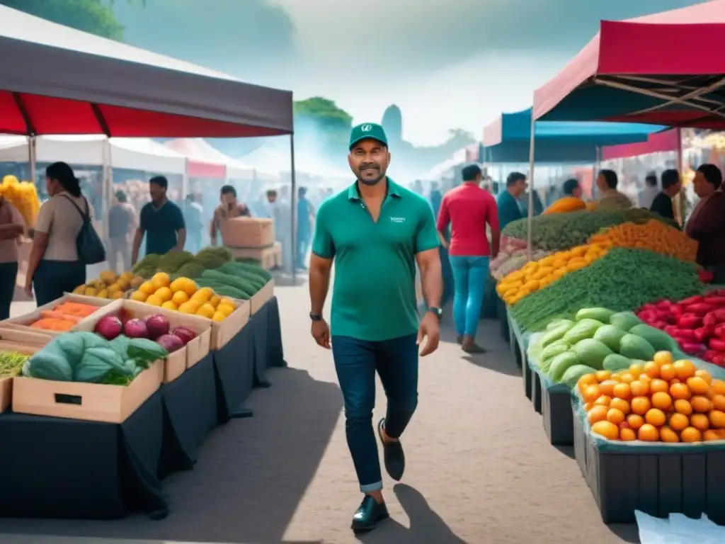 Un vibrante mercado ecoferia rebosante de vida y color, donde la diversidad y el consumo sostenible se unen en armonía