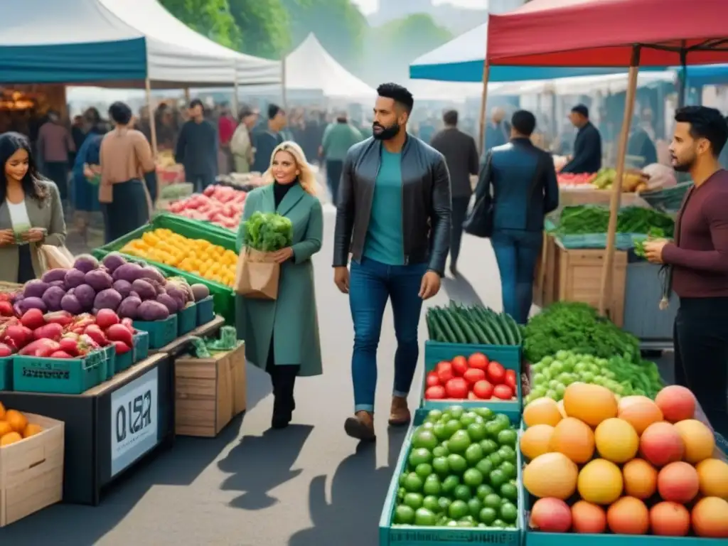 Una ilustración vibrante de un mercado con gente diversa comprando alimentos frescos y coloridos, transmitiendo comunidad, salud y sostenibilidad