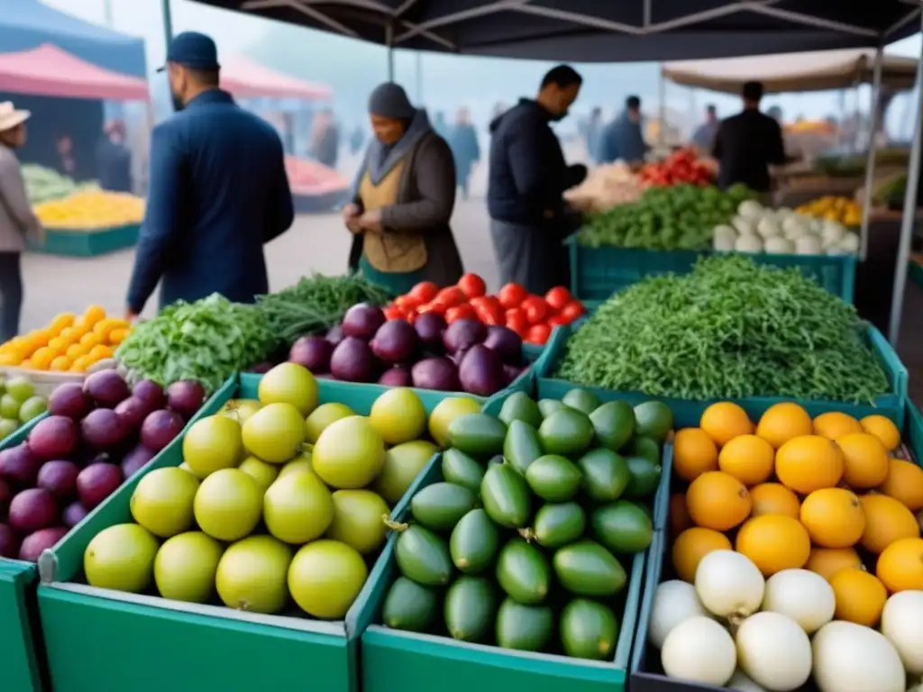 Vibrante mercado con ingredientes locales sostenibles para recetas deliciosas