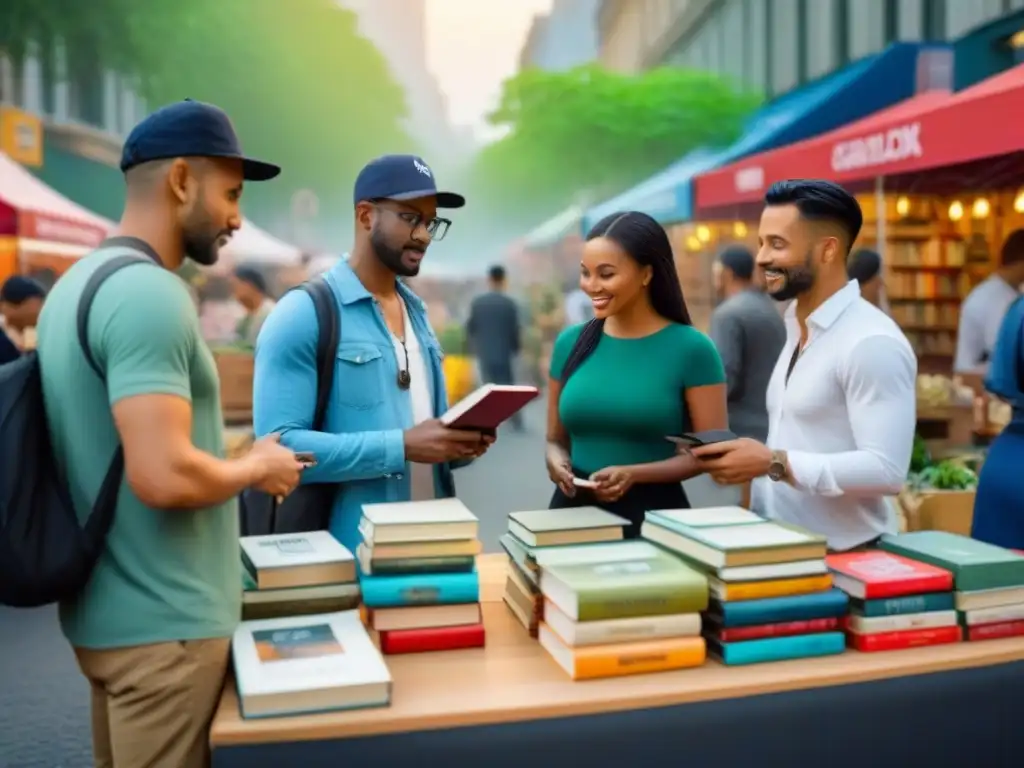 Un vibrante mercado donde personas intercambian libros, ropa, herramientas y plantas, fomentando el consumo consciente y sostenible