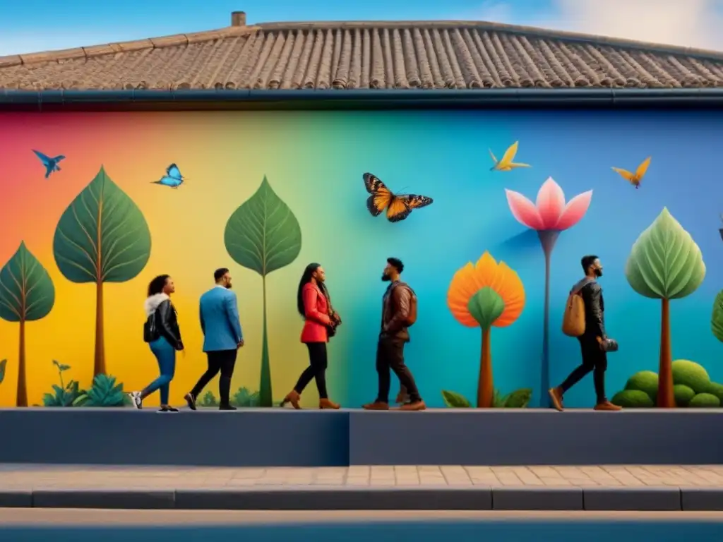 Un vibrante mural en la ciudad muestra gente diversa unida por la conciencia colectiva en arte público participativo