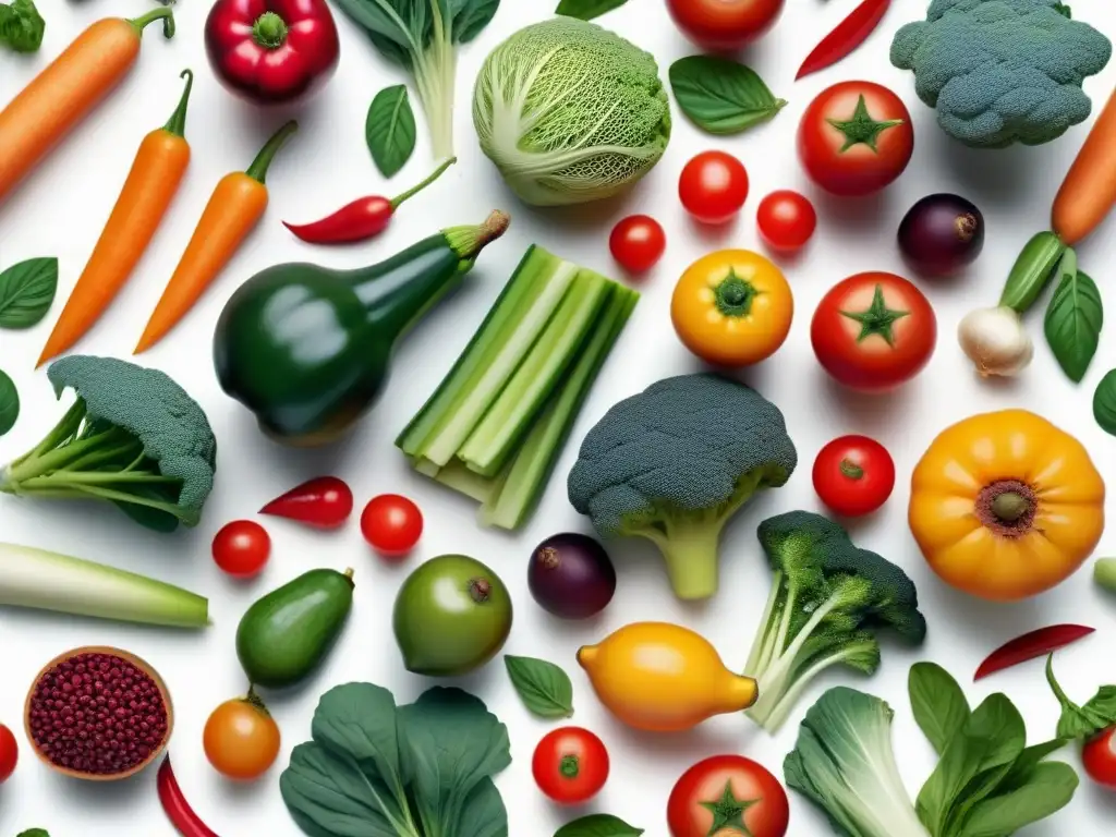 Un vibrante patrón de frutas y verduras rescatadas, detalladas y coloridas en un fondo blanco