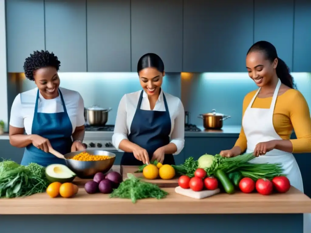 Una ilustración vibrante de personas cocinando juntas en una cocina ecológica y moderna, con ingredientes orgánicos y sostenibles