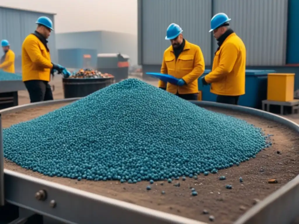 Vibrante planta de reciclaje de plásticos sostenible con maquinaria futurista y trabajadores en acción