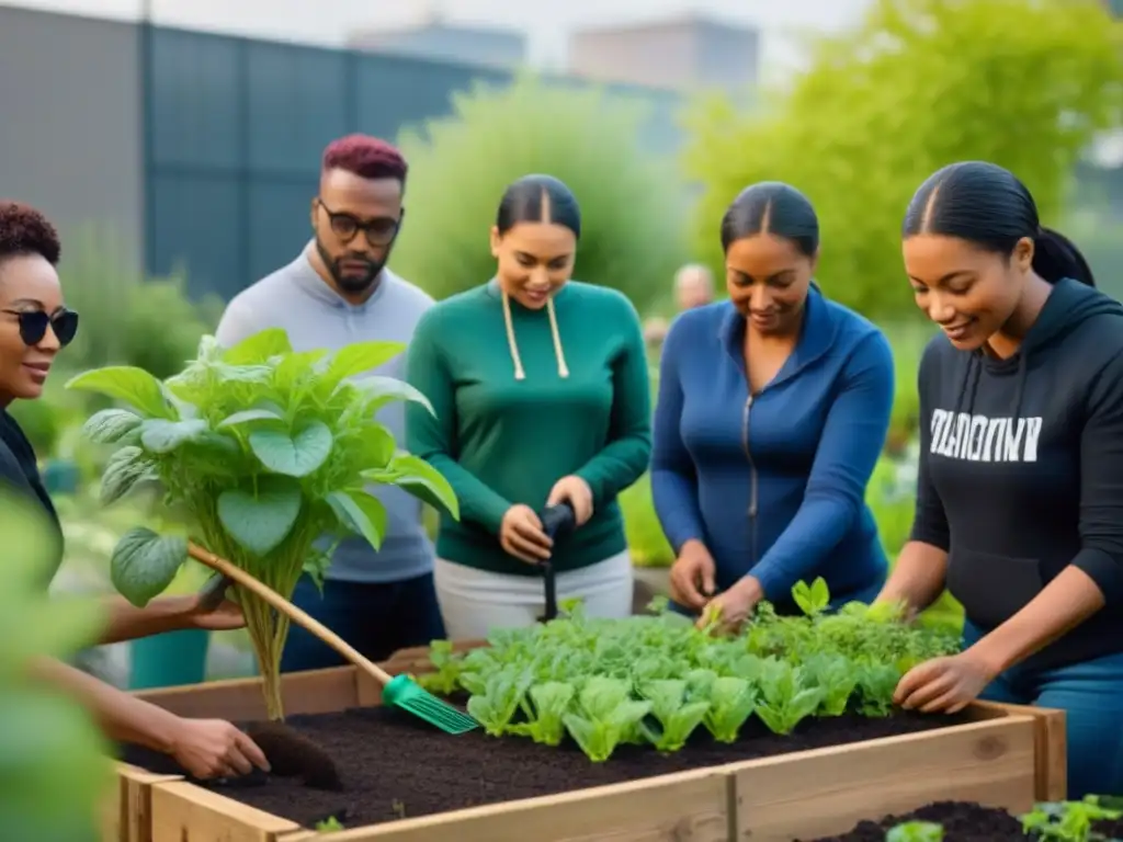 Un vibrante proyecto de jardinería urbana con diversidad de participantes, reflejando colaboración y responsabilidad comunitaria