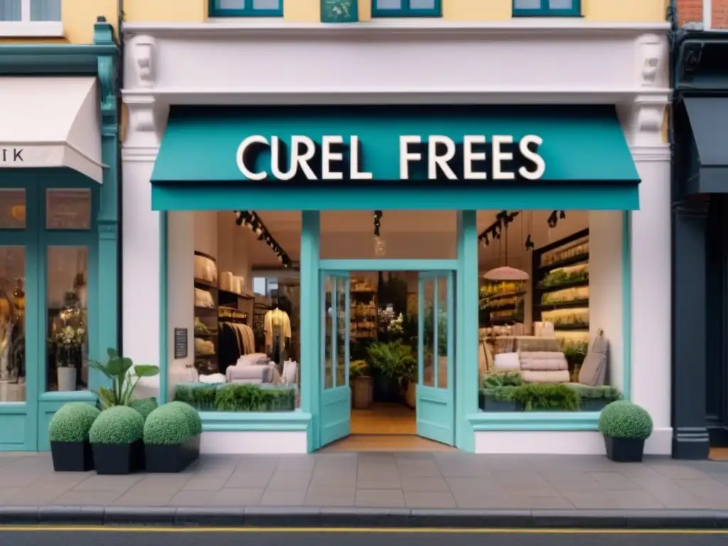 Vibrante tienda de moda sostenible con letrero 'CrueltyFree Fashion'