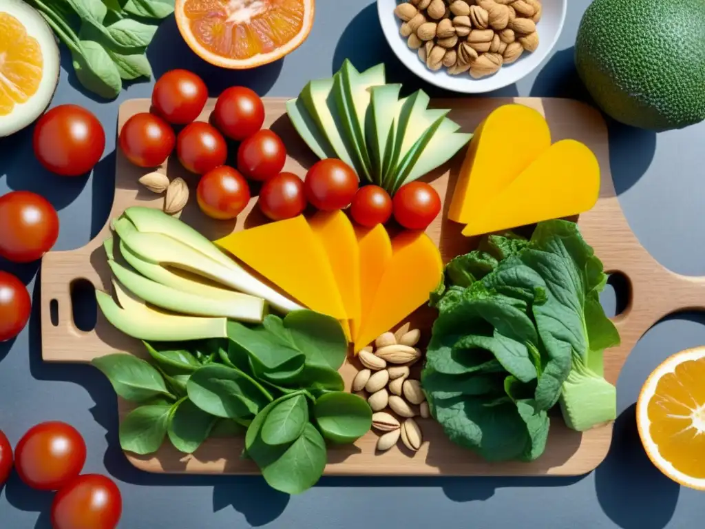 Composición vibrante de verduras frescas y frutos secos en tabla moderna