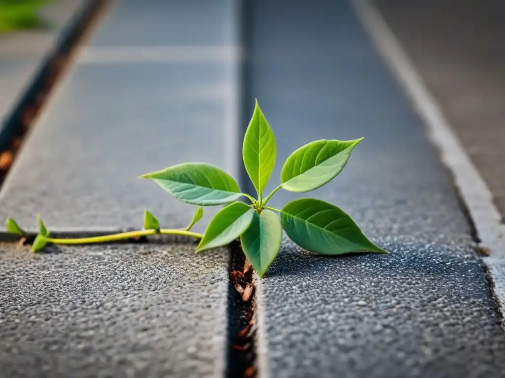 Vid verde creciendo en grieta de acera, simbolizando la conexión humana con naturaleza urbana