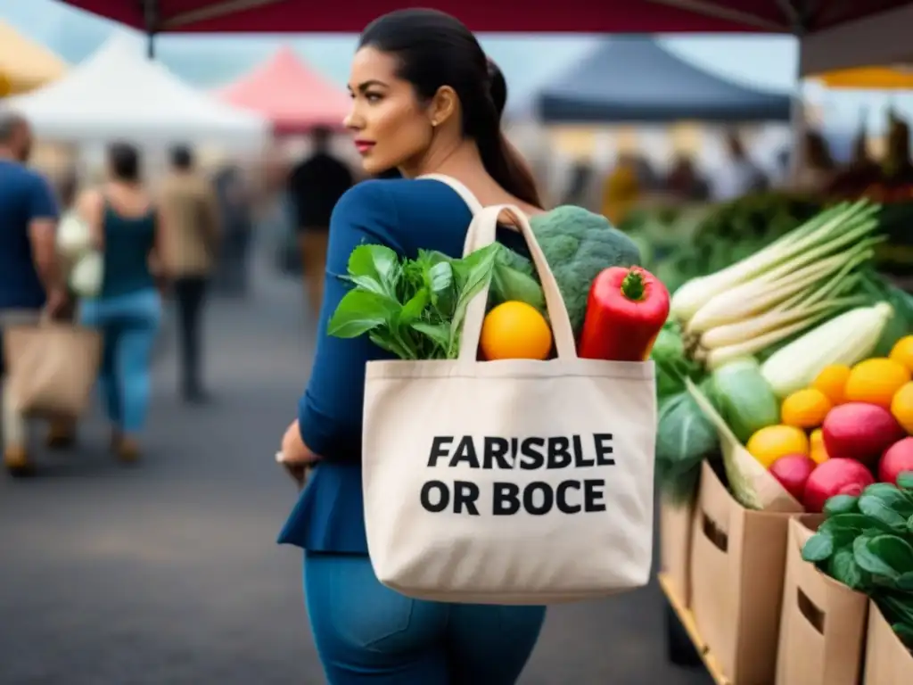 Disfrutando de la vida con frutas y verduras frescas en el mercado, reducir huella carbono estilo vida