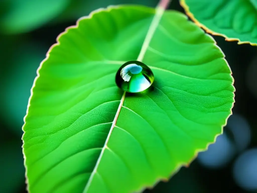 La vida en una gota: detalle de una gota de agua en una hoja verde vibrante, reflejando su entorno