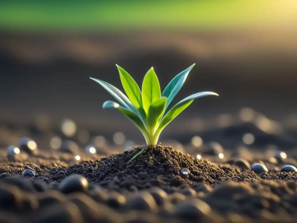 La vida florece: planta verde en tierra fértil con raíces delicadas y hojas brillantes