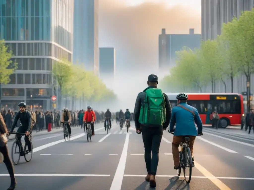 Vida urbana sostenible: Calles bulliciosas con peatones, ciclistas y autobuses eléctricos en armonía con la naturaleza y la tecnología