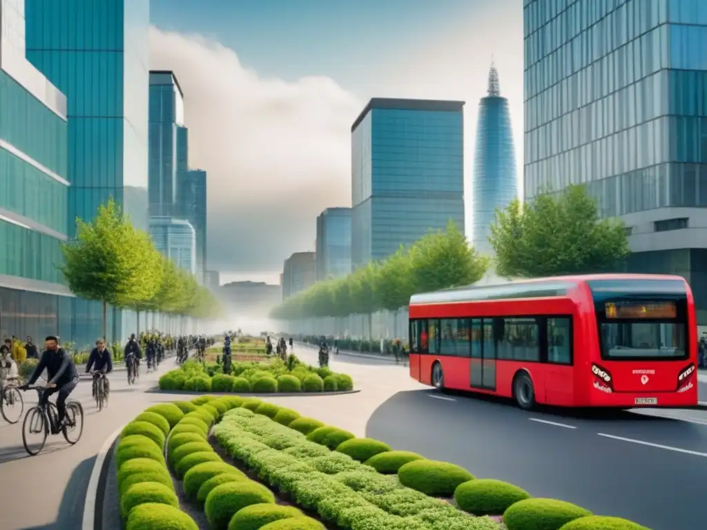 Vida urbana sostenible: peatones, ciclistas y buses eléctricos en ciudad moderna con jardines y paneles solares