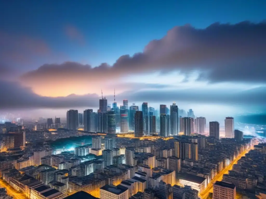 Vida urbana sostenible con cero residuos en la noche, reflejando modernidad y arquitectura limpia