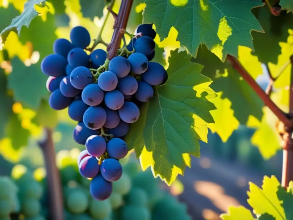 Un viñedo exuberante y vibrante en un día soleado, resaltando las uvas maduras