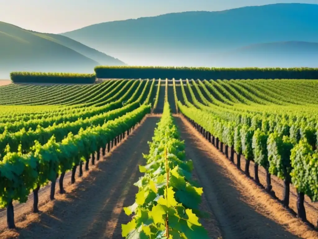 Un viñedo orgánico sostenible con hileras de uvas bajo el sol, ideal para recorridos ciclistas