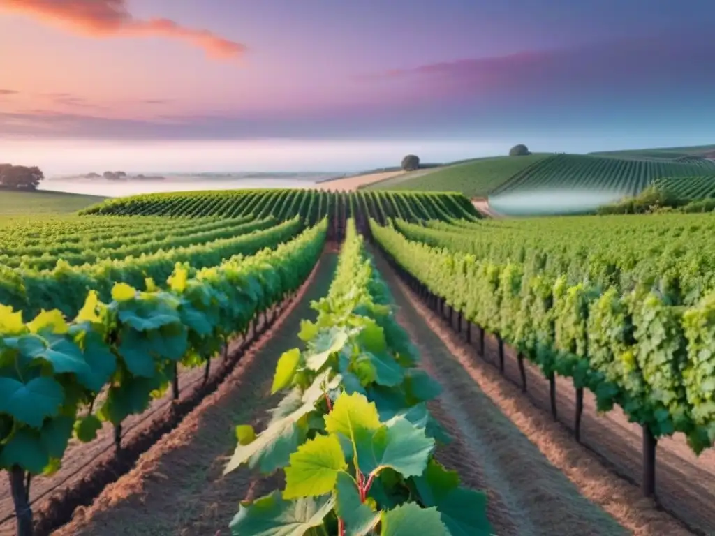 Un viñedo sereno al atardecer con filas de vides verdes y cielo cálido