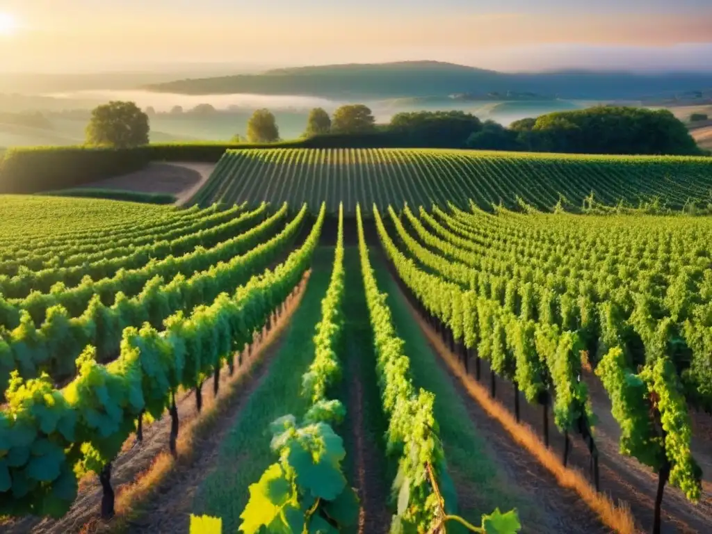 Viñedo sereno al amanecer, con filas de uvas verdes bajo un cielo pastel