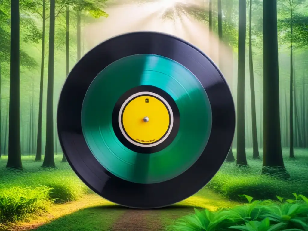 Vinilo biodegradable con patrones naturales y notas musicales entre hojas verdes, creando una estética ecofriendly