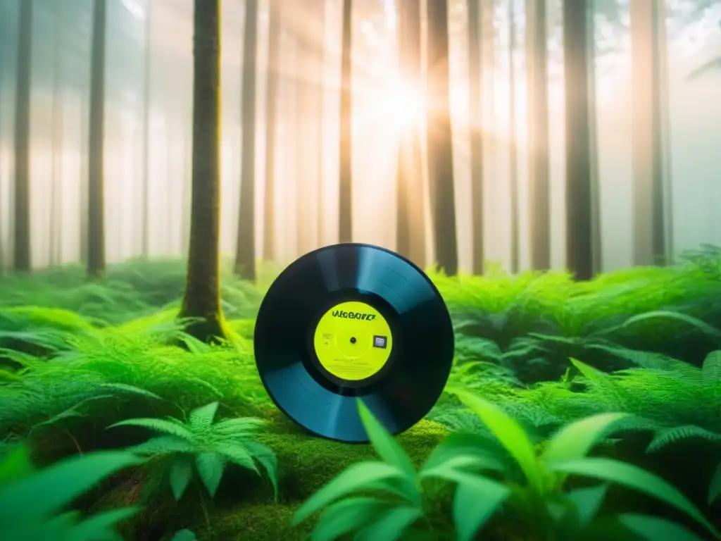 Vinilos biodegradables para música sostenible integrados en un bosque verde iluminado por el sol