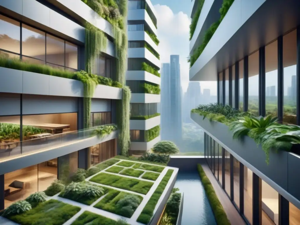 Una visión futurista de arquitectura sostenible con espacios verdes integrados, fusionando naturaleza y modernidad