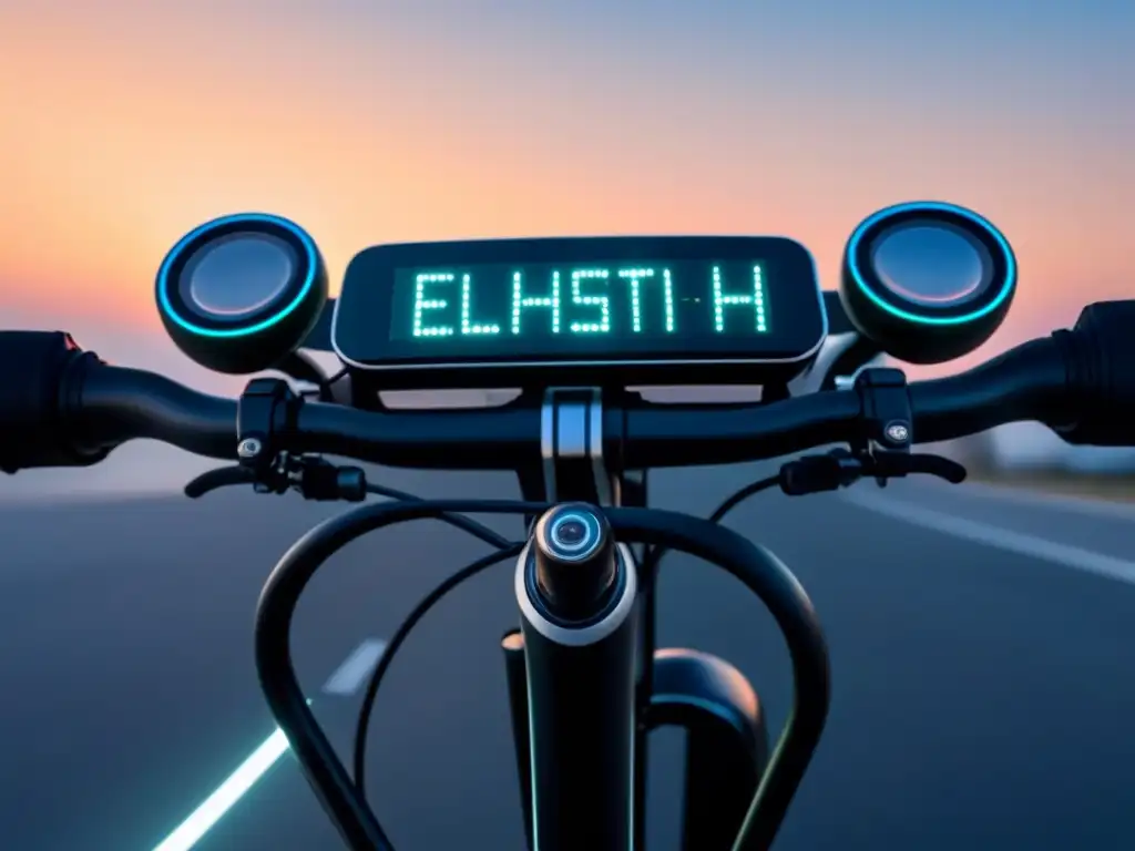 Vista de accesorios para bicicleta eléctrica: luces LED futuristas, tablero digital y cerradura inteligente en un diseño minimalista y elegante