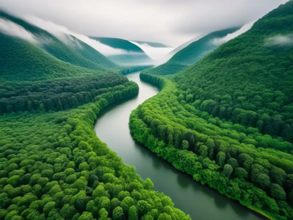 Vista aérea de un bosque verde exuberante con un río serpenteante, destacando la cultura empresarial sostenible y sus beneficios