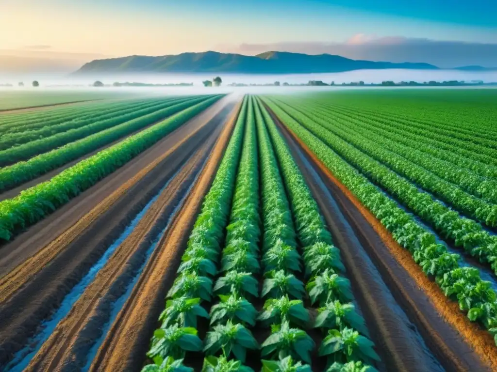 Vista aérea de campo agrícola verde con cultivos en filas perfectas, riego eficiente y polinización natural