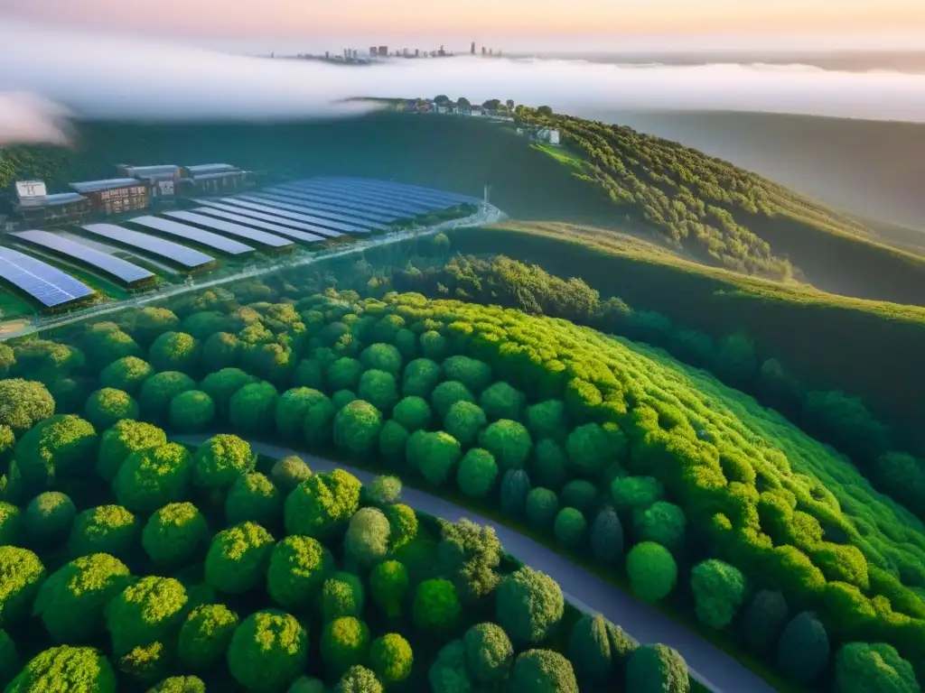 Vista aérea de una ciudad moderna con techos verdes, paneles solares y parques urbanos, bañada en luz matutina