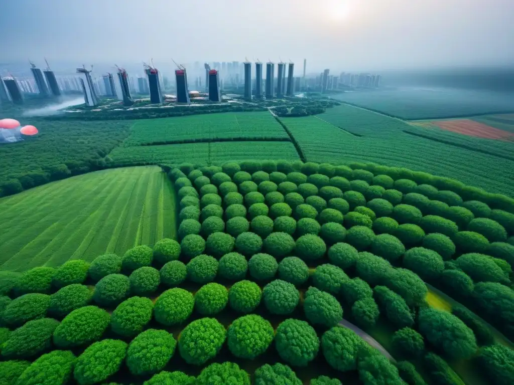 Vista aérea de una ciudad moderna con edificios futuristas integrados con espacios verdes, paneles solares y turbinas eólicas, reflejando la economía circular y estilo de vida sostenible