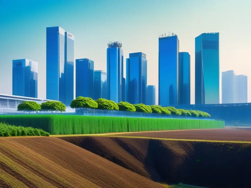 Vista aérea de una ciudad moderna con un centro de reciclaje futurista rodeado de vegetación, bajo cielos azules