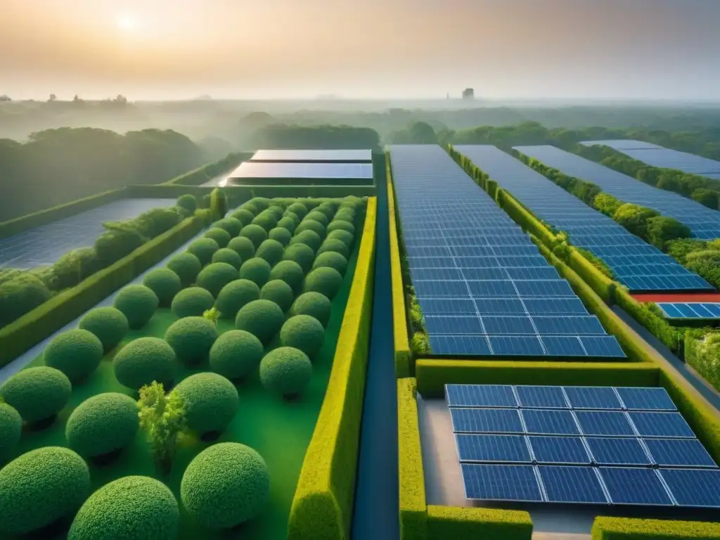 Vista aérea detallada de una ciudad con jardines en azoteas, calles arboladas y paneles solares, reflejando urbanismo verde