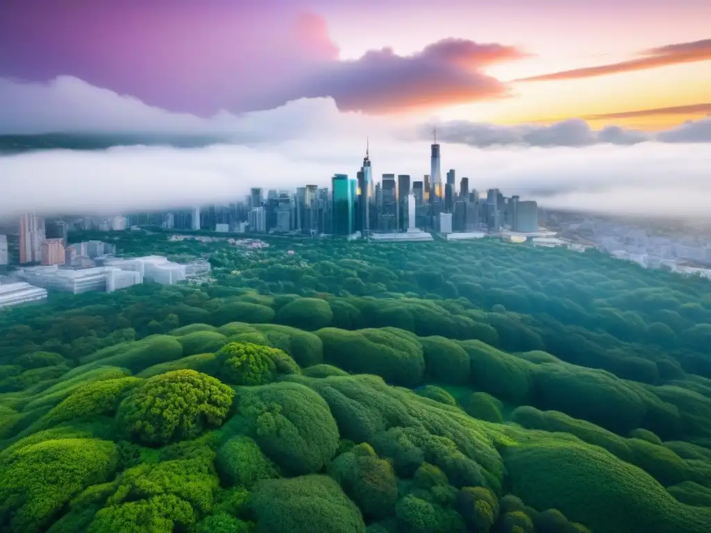 Vista aérea detallada de una ciudad moderna con techos verdes, mostrando la armonía entre naturaleza y arquitectura