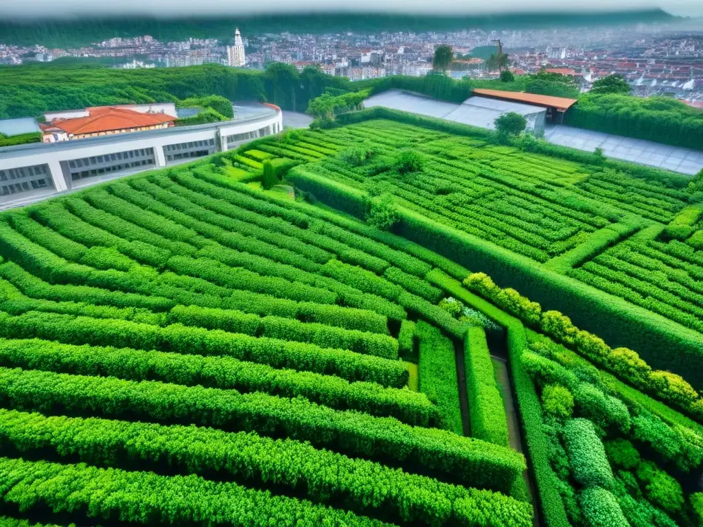 Vista aérea detallada de una ciudad moderna con techos verdes, resaltando la armonía entre urbanismo y naturaleza