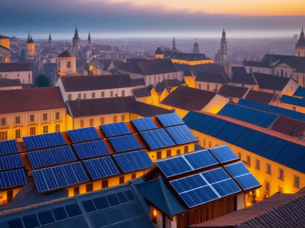 Vista aérea detallada de la ciudad histórica con paneles solares integrados en edificios antiguos