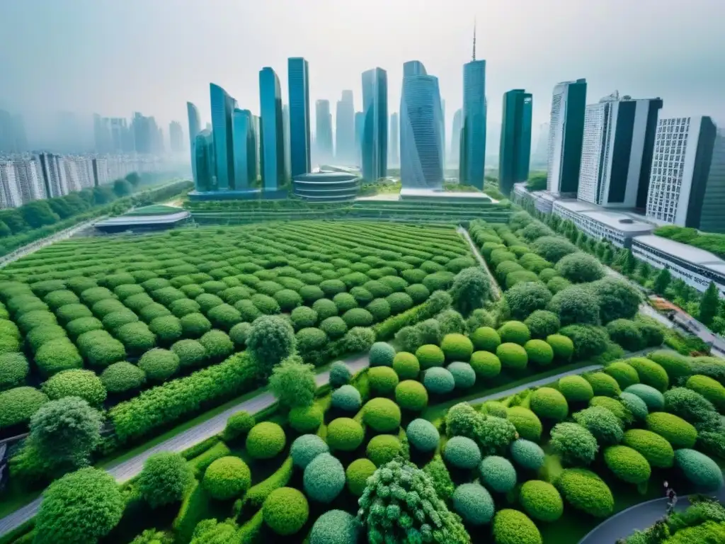 Vista aérea detallada de una ciudad con rascacielos y espacios verdes, mostrando iniciativas urbanas sostenibles frente al cambio climático