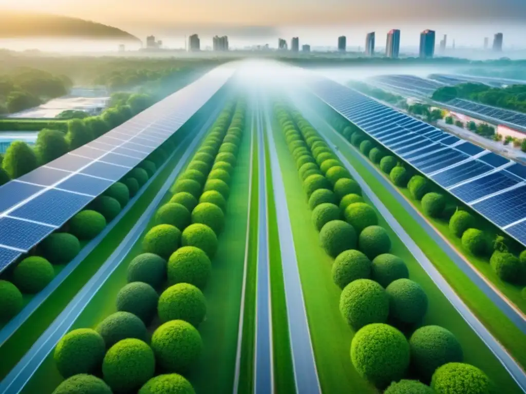 Vista aérea 8k detallada de una ciudad sostenible con espacios verdes, transporte público eficiente, energías renovables y diseño ecoamigable