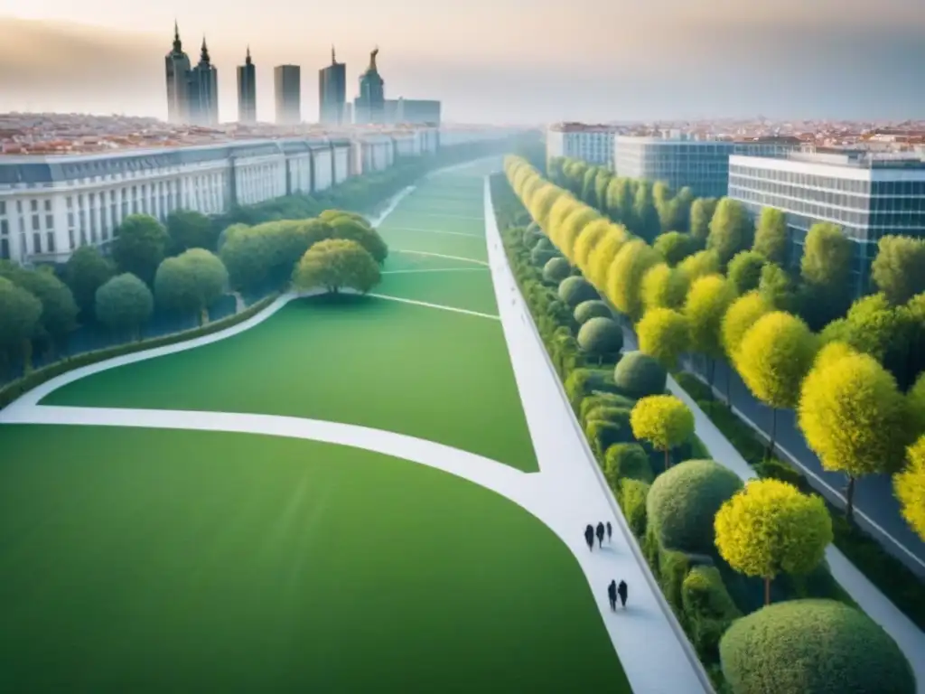 Vista aérea detallada del Parque Madrid Río, destacando la integración de espacios verdes y áreas recreativas con el entorno urbano