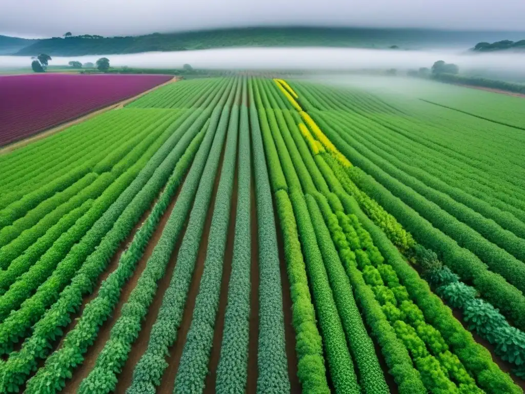 Vista aérea de una granja orgánica próspera, mostrando cultivos variados en armonía con el entorno