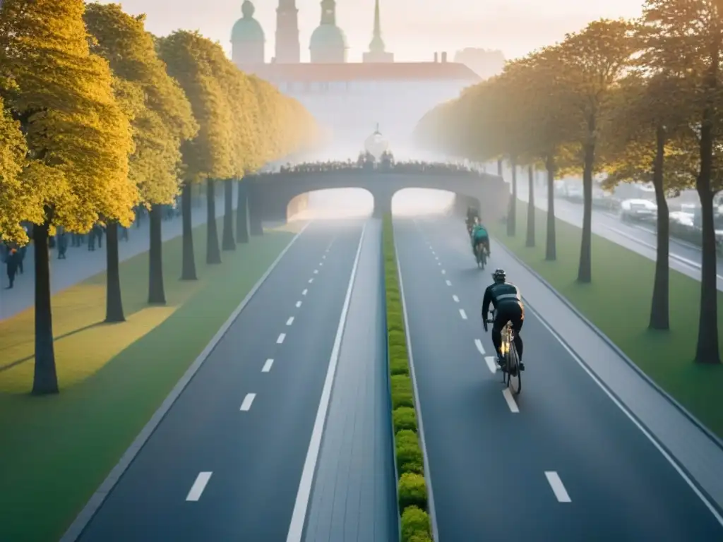 Vista aérea impresionante de Copenhague con ciclistas en sus carriles bici, resaltando la movilidad urbana sostenible en la ciudad