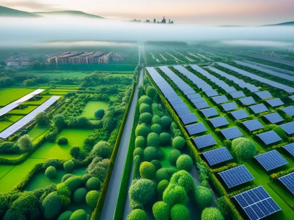 Vista aérea impresionante de una ciudad verde y sostenible con espacios verdes conectados, paneles solares y eficiente transporte público