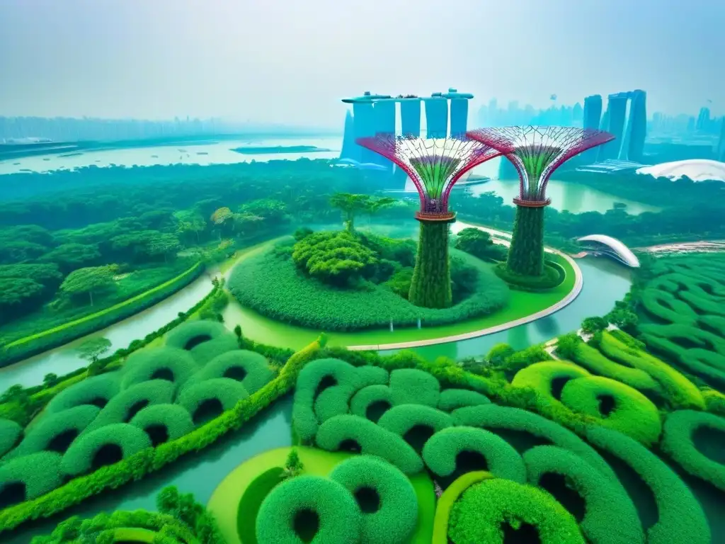 Vista aérea impresionante de los Jardines de la Bahía en Singapur, con el icónico Supertree Grove y el skyline de la ciudad