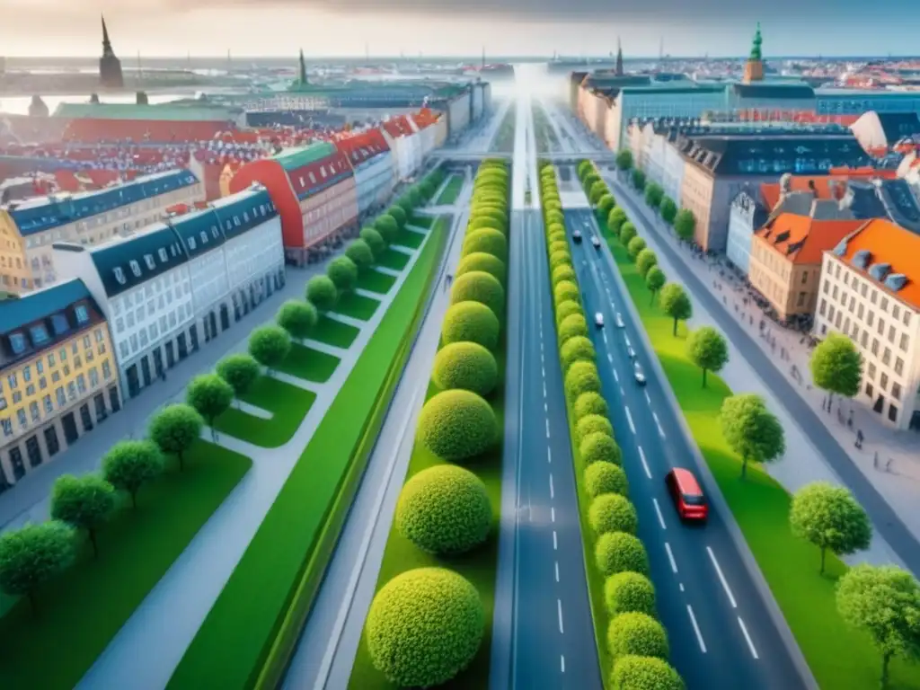 Vista aérea impresionante de la movilidad urbana sostenible en Copenhague, con sus carriles bici y transporte público eléctrico, integrando arquitectura moderna y espacios verdes